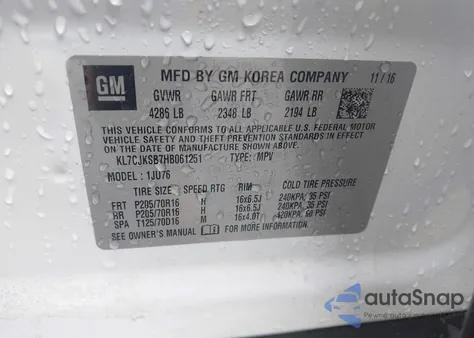 2017 Chevrolet Trax Ls из США, поврежденный, VIN KL7CJKSB7HB061251